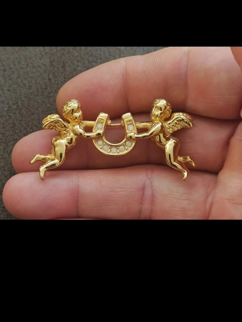 1980s Unsigned Kirks Folly Gold Tone Cherub & Lucky Horseshoe Brooch Pin.
